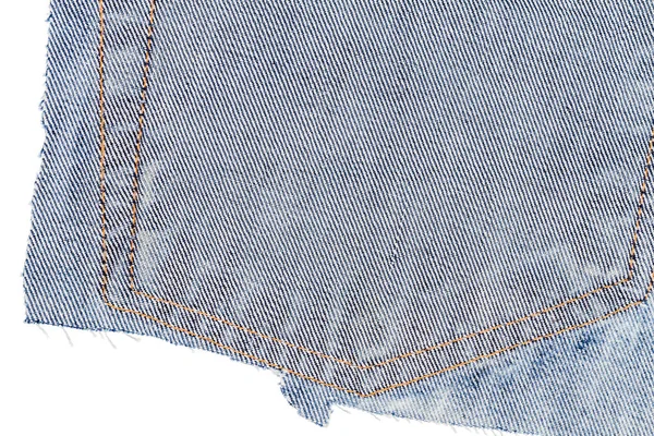 Pièce Tissu Jeans Bleu Isolé Sur Fond Blanc Bordures Rugueuses — Photo