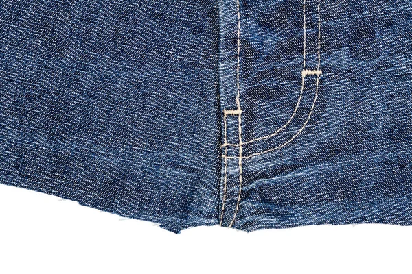 Stuk Van Donkerblauwe Jeans Stof Geïsoleerd Een Witte Achtergrond Ruwe — Stockfoto