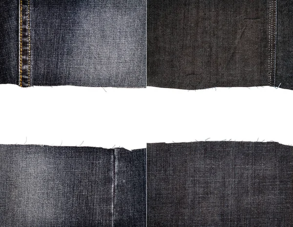 Kolekce Textur Textilie Černé Džíny Izolovaných Bílém Pozadí Hrubé Nerovné — Stock fotografie