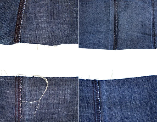 Coleção Texturas Tecido Jeans Azul Isolado Fundo Branco Bordas Irregulares — Fotografia de Stock