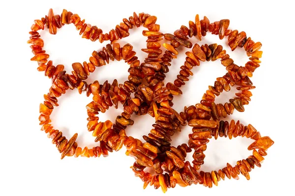 Řetězec Baltský Jantar Korálky Izolovaných Bílém Pozadí Zářivě Oranžové Jantarový — Stock fotografie