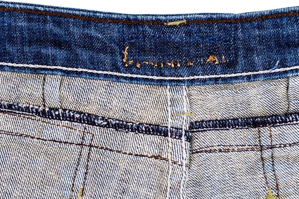 Pièce Tissu Jeans Bleu Isolé Sur Fond Blanc Bordures Rugueuses — Photo