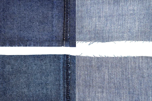 蓝色牛仔裤面料的集合在白色背景隔绝 粗糙不平的边缘 撕裂的牛仔裤面料与复制空间 布料错误的一面 — 图库照片