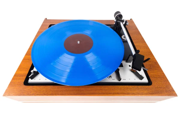 Giradiscos Vintage Con Vinilo Azul Aislado Blanco Plinto Madera Equipo —  Fotos de Stock