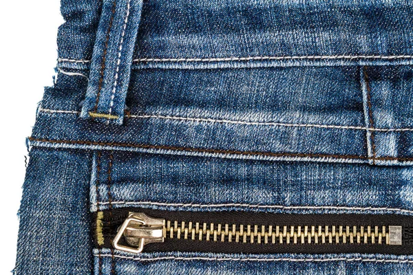 Pedaço Tecido Jeans Azul Com Zíper Isolado Fundo Branco Bordas — Fotografia de Stock