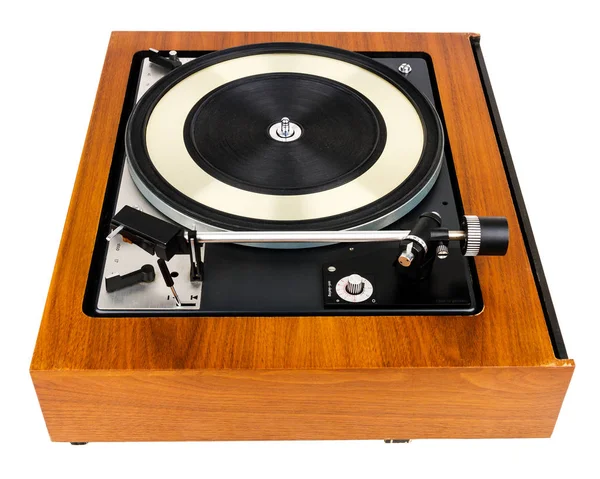 Sidovy Vintage Skivspelare Vinyl Skivspelare Isolerade Vitt Golvlister Trä Retro — Stockfoto