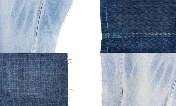 Samling Blå Jeans Tyg Texturer Isolerad Vit Bakgrund Ojämna Kanter — Stockfoto