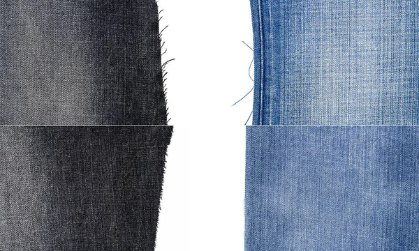 Collectie Van Blauwe Zwarte Jeans Stof Texturen Geïsoleerd Een Witte — Stockfoto