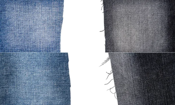 收集蓝色和黑色牛仔裤织物纹理隔离在白色背景 粗糙不平的边缘 带复制空间的破牛仔裤织物 — 图库照片