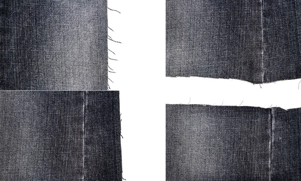 收集黑色牛仔裤织物纹理隔离在白色背景 粗糙不平的边缘 带复制空间的破牛仔裤织物 — 图库照片