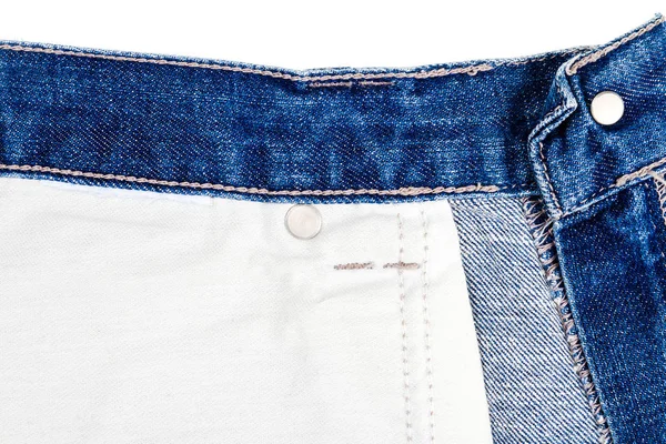 Pièce Tissu Jeans Bleu Isolé Sur Fond Blanc Bordures Rugueuses — Photo