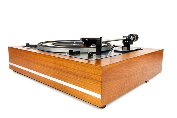 Vintage Turntable Vinyl Record Player Isolated White Wooden Plinth Retro — Stock Photo, Image