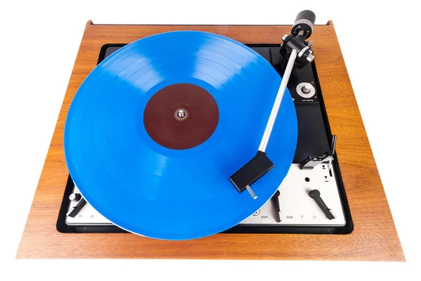 Vintage Lemezjátszó Egy Elszigetelt Fehér Kék Vinyl Fából Készült Lábazat — Stock Fotó
