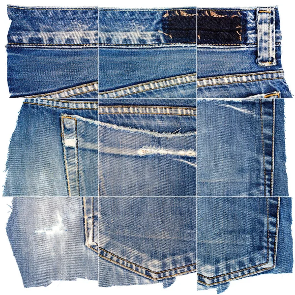 收集蓝色牛仔裤织物纹理隔离在白色背景 粗糙的不均匀边缘 带口袋的牛仔裤合成图像 — 图库照片