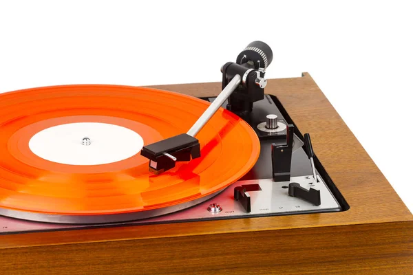 Vintage turntable with a red vinyl isolated on white — Stock Photo, Image
