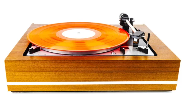 Vintage turntable with a red vinyl isolated on white — Stock Photo, Image