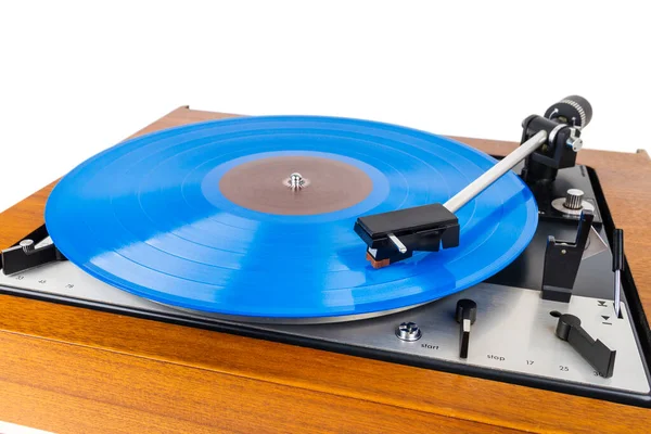 Vintage Lemezjátszó Egy Elszigetelt Fehér Kék Vinyl Fából Készült Lábazat — Stock Fotó