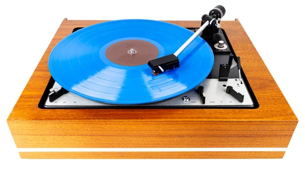 Vintage Turntable Blue Vinyl Isolated White Wooden Plinth Retro Audio — Stock Photo, Image
