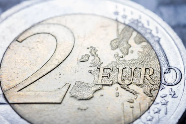 Dois Macro Detalhes Moedas Euro Com Palavra Euro Vista Macro — Fotografia de Stock