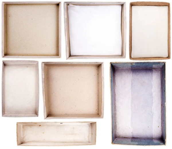 Verzameling Van Beelden Met Oude Kartonnen Dozen Geïsoleerd Witte Achtergrond — Stockfoto