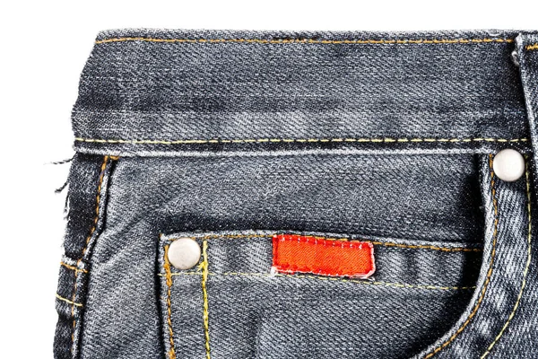 Stuk Zwarte Jeans Stof Met Een Zijvak Geïsoleerd Witte Achtergrond — Stockfoto