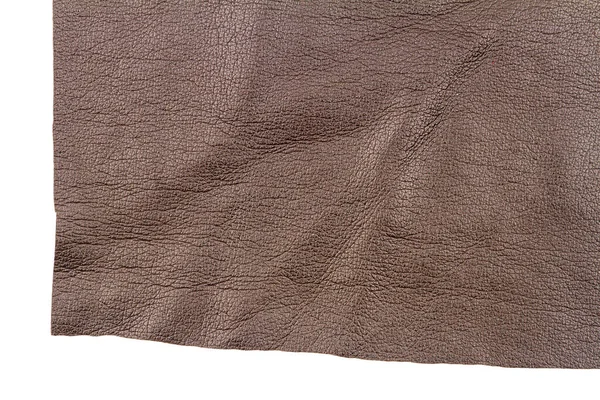 Stück Braunes Leder Isoliert Auf Weißem Hintergrund Zerknitterte Materialstruktur — Stockfoto