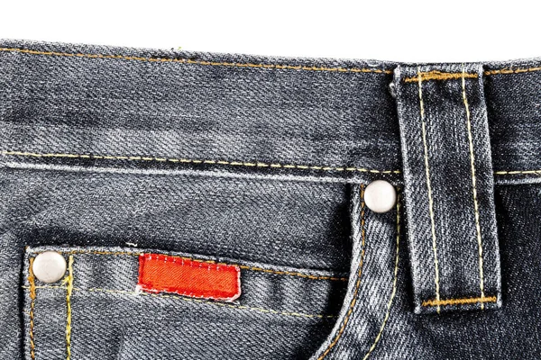 Stück Schwarze Jeans Stoff Mit Einer Seitentasche Isoliert Auf Weißem — Stockfoto