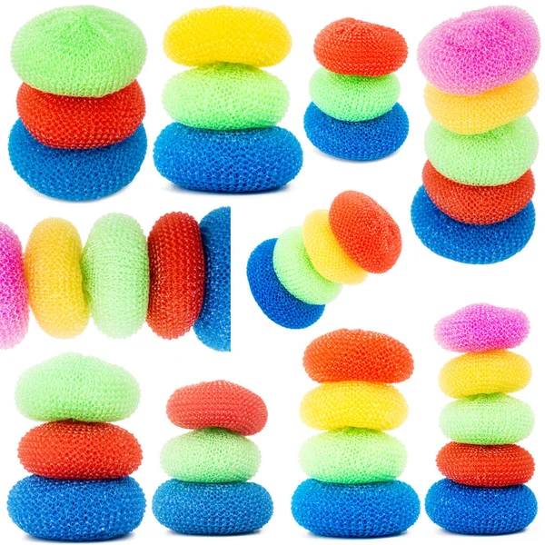 Verzameling Van Beelden Met Torens Van Levendige Plastic Scourers Geïsoleerd — Stockfoto