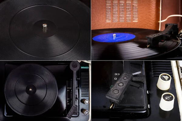 ヴィンテージターンテーブルのクローズアップ画像のコレクション ヴィンテージビニールレコードプレーヤー 黒いレコードの針 — ストック写真