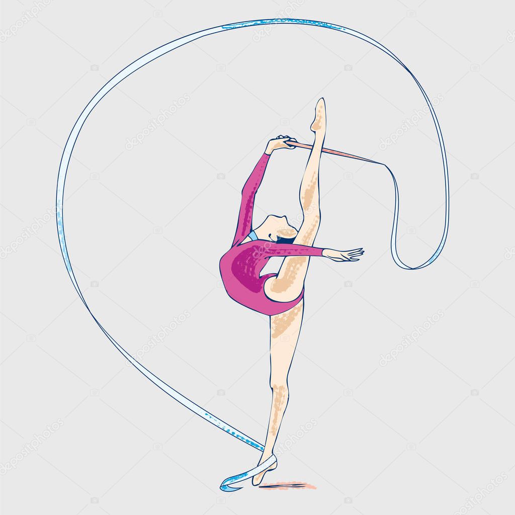 Gymnastics athlete with ribbon, hand drawing. Illustration of girl doing rhythmic gymnastics with ribbon. Sport vector icon. Flat style vector clip art.