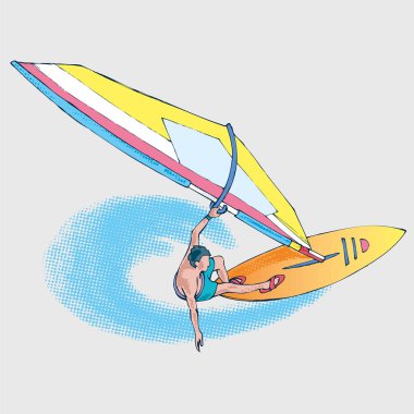 Atlet bir dalga, el çizimi üzerinde windsurf. Resimde adamın üzerinde yelken windsurf. Spor vektör simgesi. Düz stil vektör küçük resim.