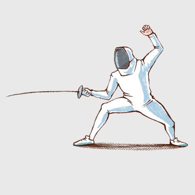 Eskrim kılıcı ile sporcu, çizim ver. Fencer atlet açık gri renkli üzerinde Illustration. Spor vektör simgesi. Düz stil vektör küçük resim.