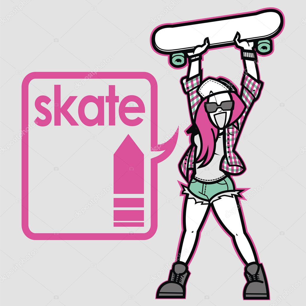 Skater girl with skateboard and pink speech bubble. Illustration of snowboarder girl holding up board. Sport vector icon. Sports, extreme sports, outdoor activities.