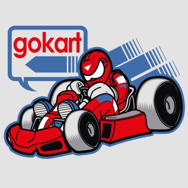 Adam üzerinde gokart yarış. Karting yarışı araç Illustration bir sürücü ile. Spor vektör simgesi. Spor, doğa sporları, açık hava etkinlikleri.