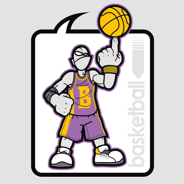 Sepet oyuncu konuşma balonu içinde. Basketbol oyuncu dönen topu tek parmakla, açık gri renkli Illustration. Spor vektör simgesi. Spor, açık hava etkinlikleri.