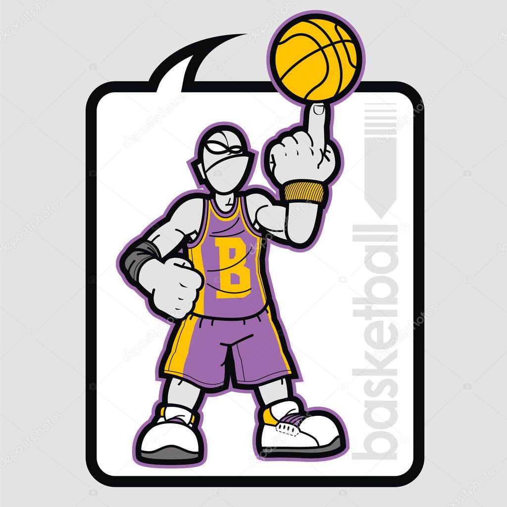 Basket player inside speech bubble. Illustration of basketball player spinning ball with one finger, light gray background. Sport vector icon. Sports, outdoor activities.