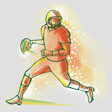 Amerikan futbolu oyuncusu grafik arka plan, vektör görüntü üzerinde. Amerikan futbolu oyuncusu oyun kurucu Illustration. Spor vektör simgesi. Süper kase spor vektör çizim. 