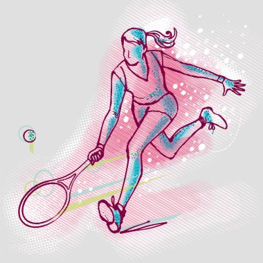 Tennis player girl on graphics background, vector image. Illustration of female tennis player with a racket in her hand. Sport vector image. Sports concept, outdoor activities. clipart