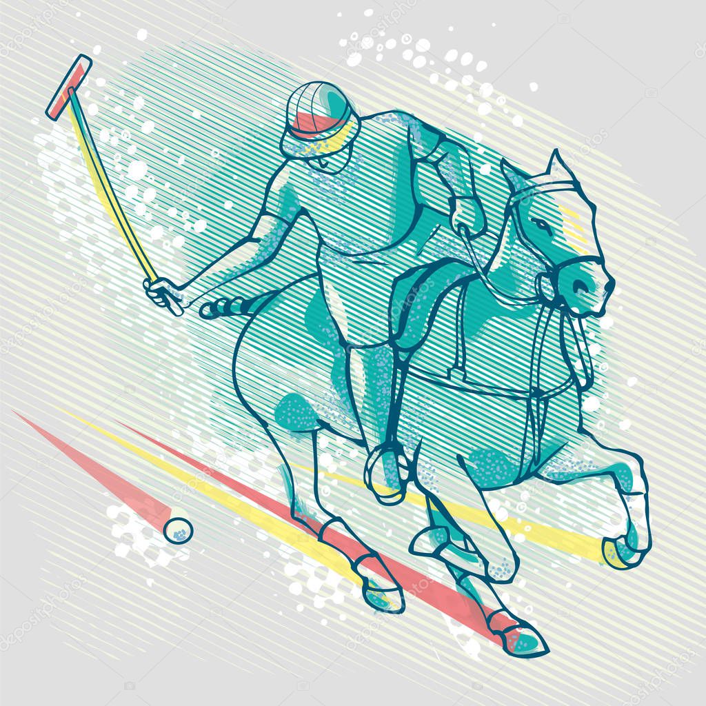 Polo player on graphics background, vector image. Illustration of person riding a horse and holding long polo stick. Sport vector image. Equestrian sports designs, outdoor activities. 
