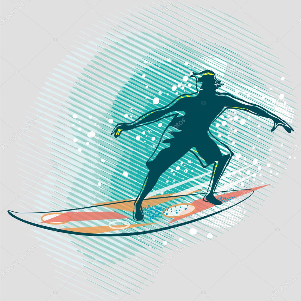Surfer riding a wave on graphics background, vector image. Illustration of a man surfing. Sport  and leisure vector image. Outdoor activities. 
