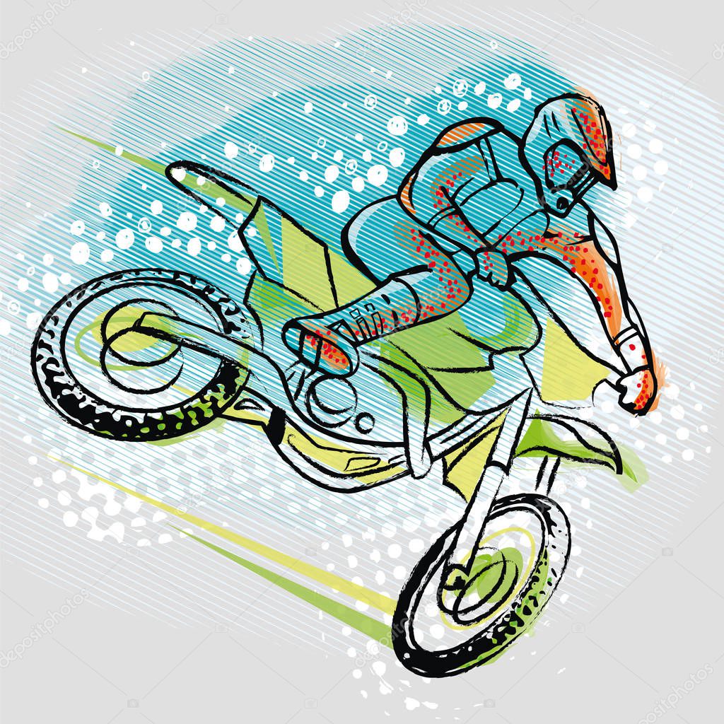 Motorcyclist ride motocross on graphics background, vector image. Illustration of a motocross rider. Sport vector image. Illustration of outdoor activities.