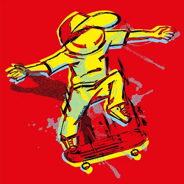 Tecknad Freestyle Åkare Hoppning Skateboard Röd Bakgrund Illustration Gula Skater — Stock vektor