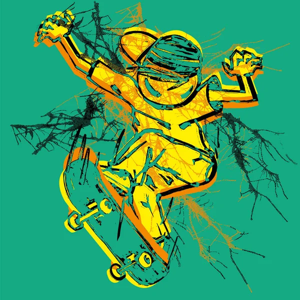 Vektorillustration Åkare Grön Bakgrund Freestyle Tävling Shirt Print Tecknad Gula — Stock vektor