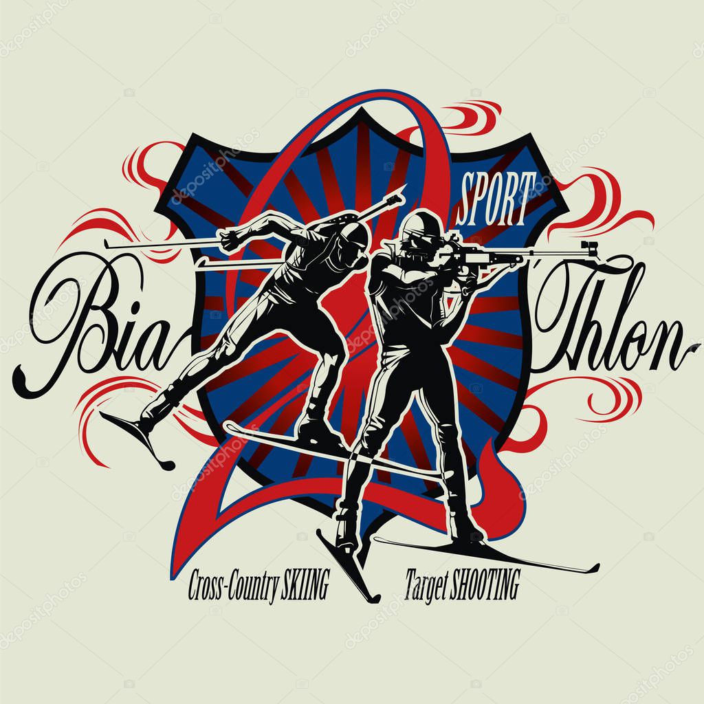 Biathlon badge with olympic athletes, vector image. Illustration of colorful design with biathlon athlete. Sport vector image. Logo sport. Outdoor activities.