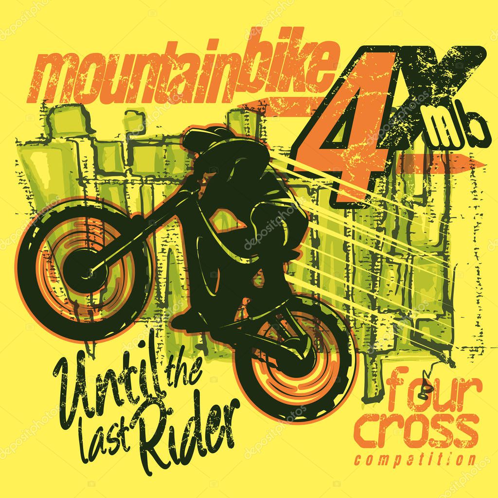 Cyclist on mountain bike jumping on painted background, vector image. Illustration of mountain bike trial rider in urban landscape illustration. Sport vector image. Logo sport. Creative poster design. Outdoor activities.