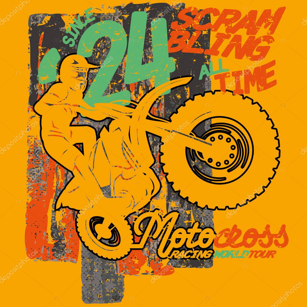 Motorcyclist jumping with motorbike on brushed background, vector image. Illustration of motorcycle jumping. Sport vector image. Logo sport. Creative poster design. Outdoor activities.