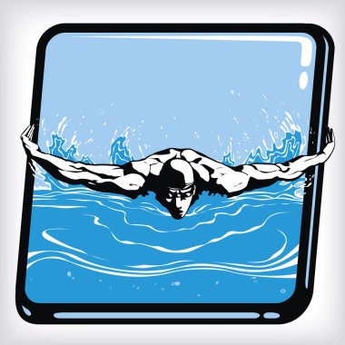 Dinamik simgesi yüzmek kelebek tarzı. Yüzücü siluet soyut bir su ön görünüm Illustration. Yüzücü simgesi öğe şablonu tasarım. Kelebek yüzücü siluet. Spor yüzme. Vektör çizim yüzme profesyonel