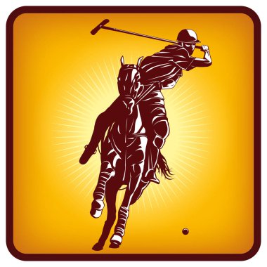 Polo oyuncusu ve ATI grafik simgesi. Vektör çizim, turuncu arka plan. Simge bir adam polo oynuyor. Erkek figürü ile vektör çizim. Atlı polo sport.