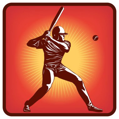 Grafik simge, yarasa ve topu ile beyzbol oyuncusu. Vektör çizim, kırmızı arka plan, simge, beyzbol oyuncusu topa vuruyor. Erkek figürü ile vektör çizim. Beyzbol meyilli. 