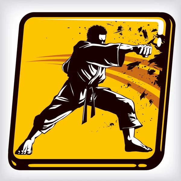 Dynamic icon of martial arts fighter. Punch figure in the karate fighting stance on a yellow background. Hand-to-hand fighting. Karate performing technique icon. Oriental combat sports